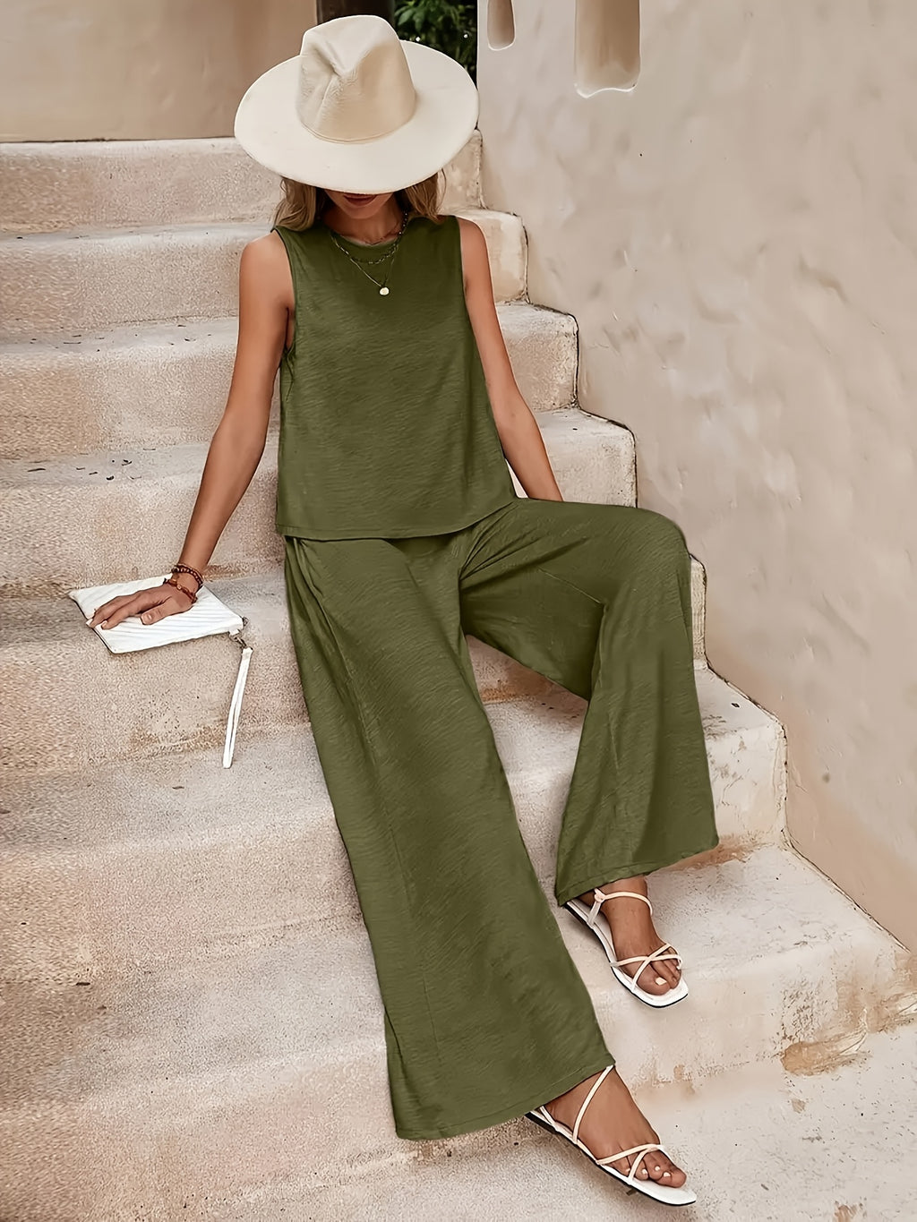 Red Sleeveless Top and Wide Leg Pants 2 Piece Set for Women – Solid Color Smooth Fabric Casual Elegant, Spring Summer, Sizes S-XXL