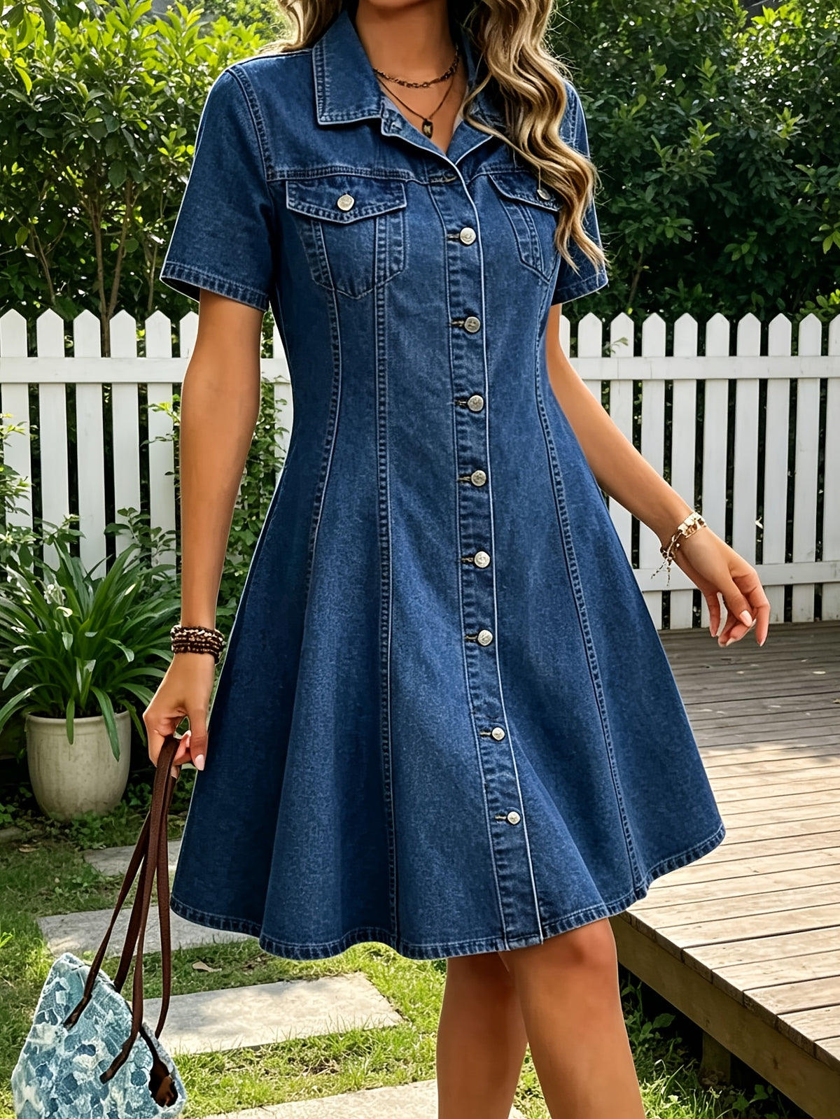 A-Line Denim Mini Dress Women Retro Polo Collar Short Sleeve Figure-Hugging Casual Dress Medium Blue S-XXL