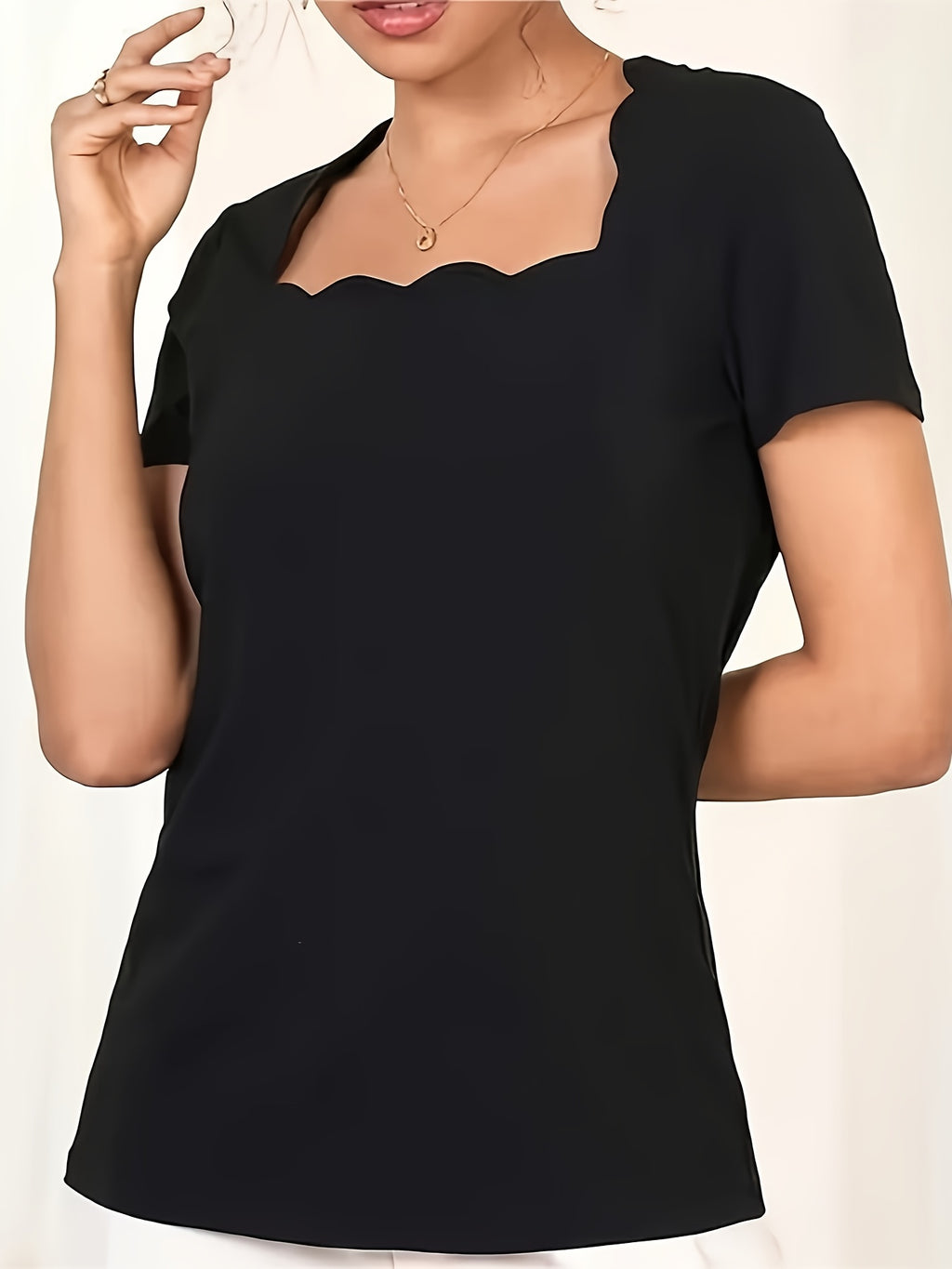 Square Neck T-Shirt Women Black Short Sleeve Casual Elegant Summer Daily Wear Machine Washable S-XXL