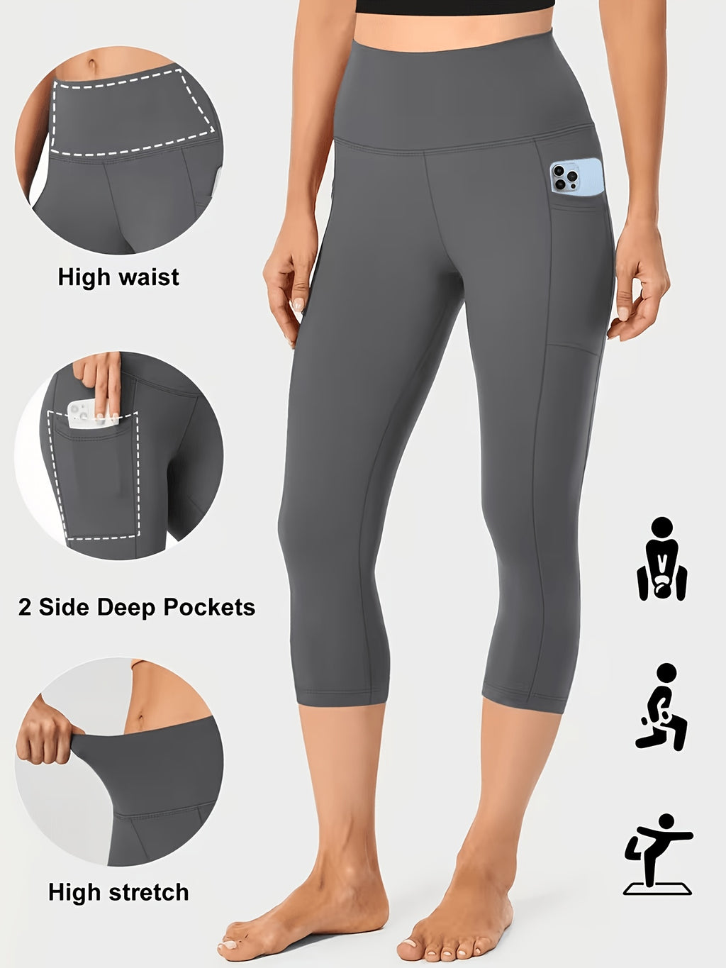 High Waist Capri Leggings with Pockets Women 4-Way Stretch Gray Workout Pants M-XXL Spring Summer Fall