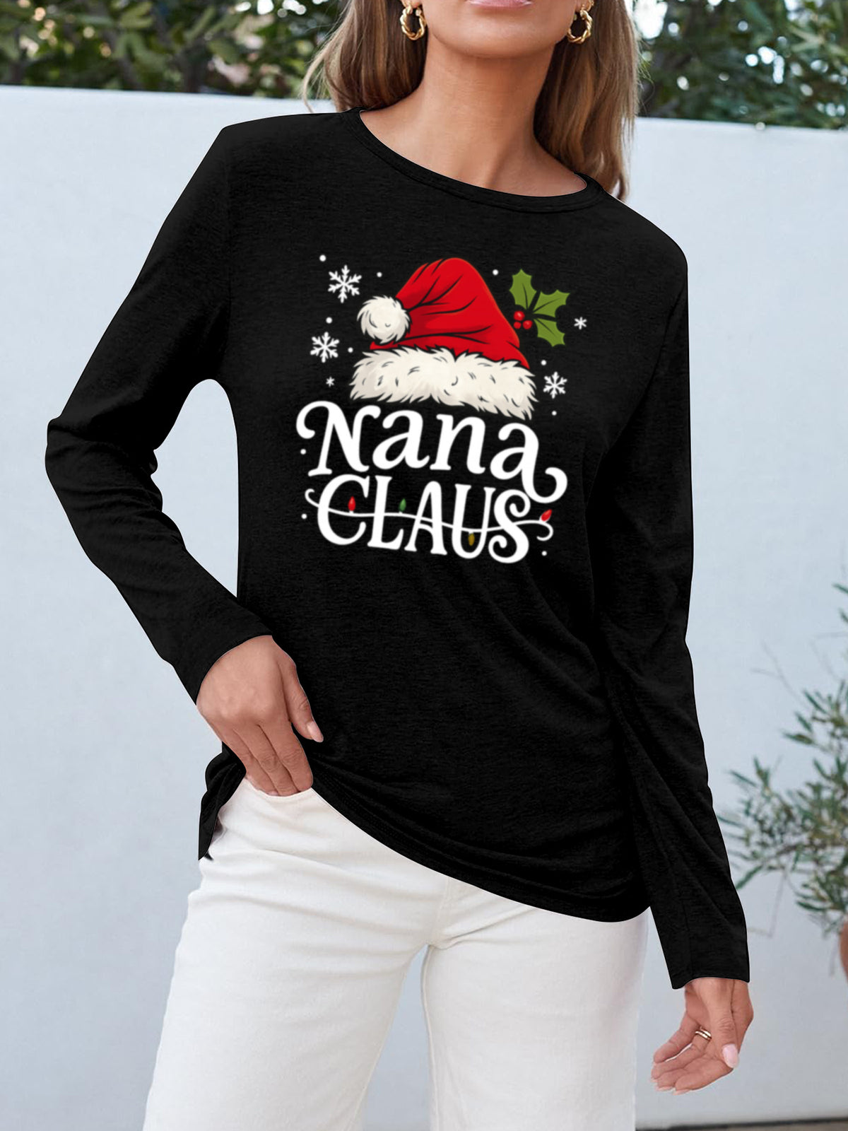 Nana Claus Santa Print Women Long Sleeve T-Shirt Crew Neck Holiday Christmas Grandma Gift Tee Soft Stretch Multi-Color Xmas Party