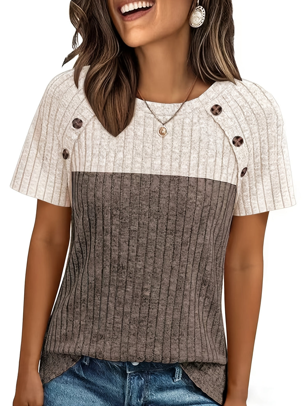 Two-Tone Button Round Neck Women Pullover Top Short Sleeve Loose Casual Elegant Basic Shirt Colorblock Spring Summer Daily Wear