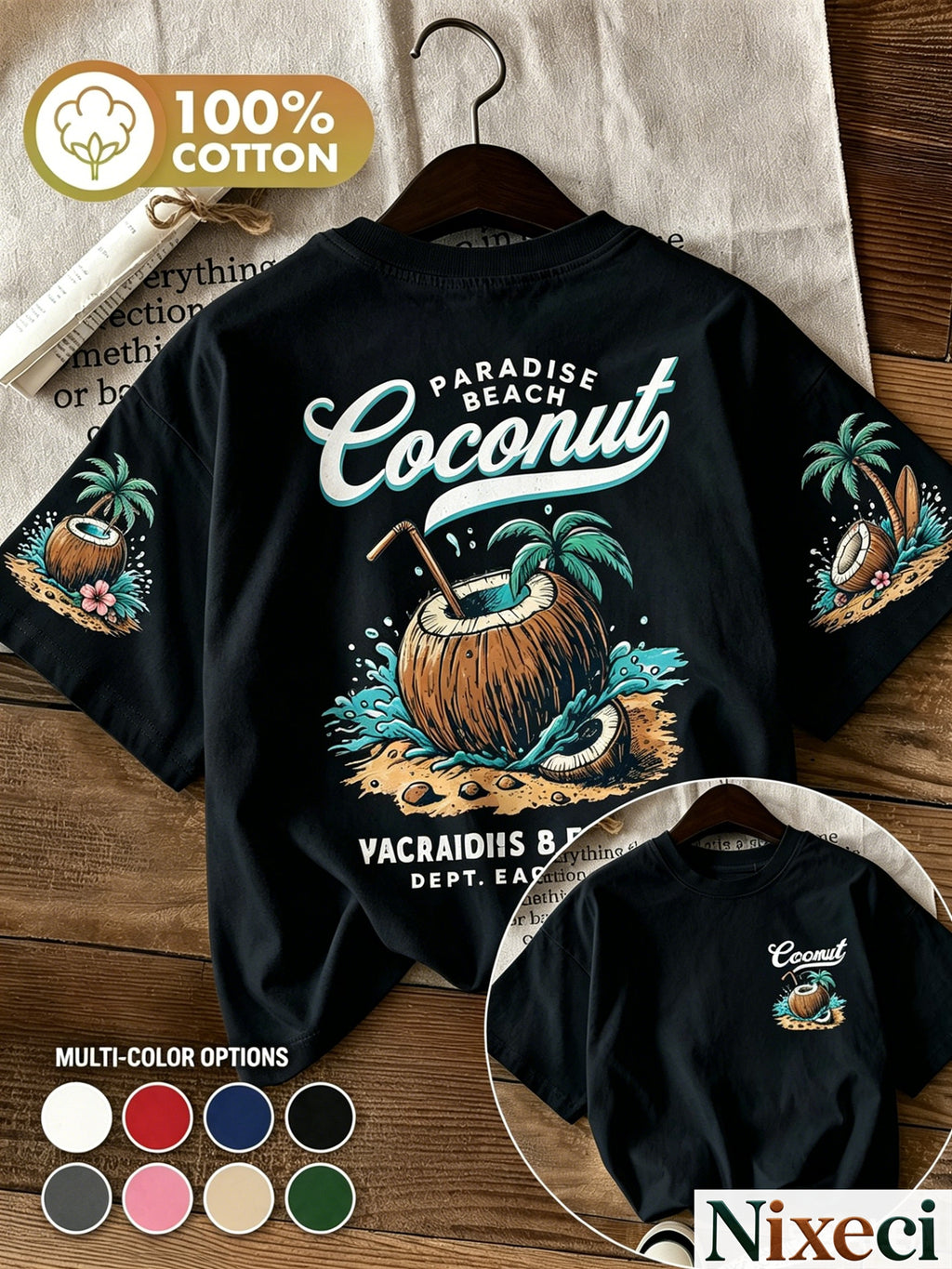 Tropical Palm Print T-Shirt for Women – Retro Hawaiian Coconut Tree Short Sleeve Crewneck Loose Beach Vacation Top, Casual Surfing Poolside Shirt