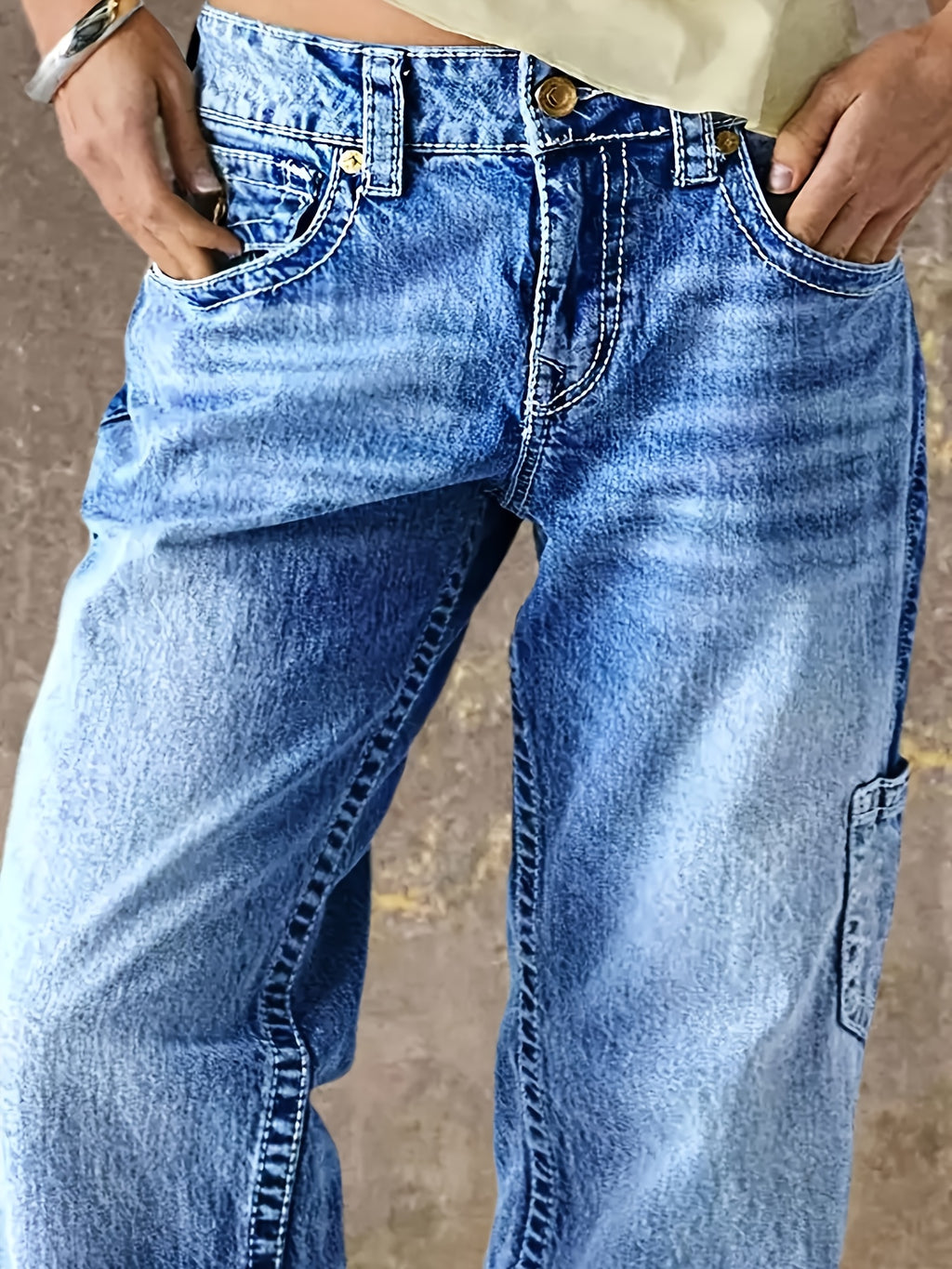 Women's Retro Straight Leg Jeans Mid Rise Relaxed Fit Multi-Pocket Vintage Washed Whisker Denim Casual Workwear Classic Blue