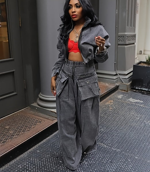 Denim 2-Piece Set Women Ruched Zip-Up Cropped Jean Jacket Wide Leg Pants Chic Matching Outfit Black Sky Blue S-XXL