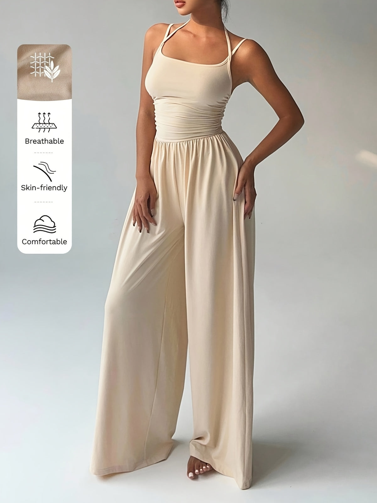 Pleated Loose Fit Jumpsuit Women Casual Wide Leg One Piece Outfit Spring Summer Light Grey Navy S-XL