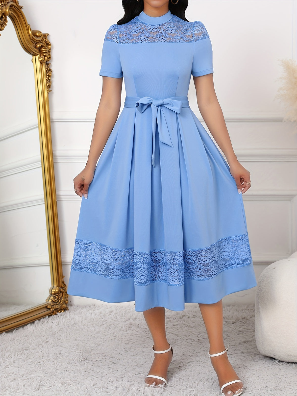 Elegant Lace Spliced Slim Fit Dress Women Belted Formal Evening Party Dress Chic Design
