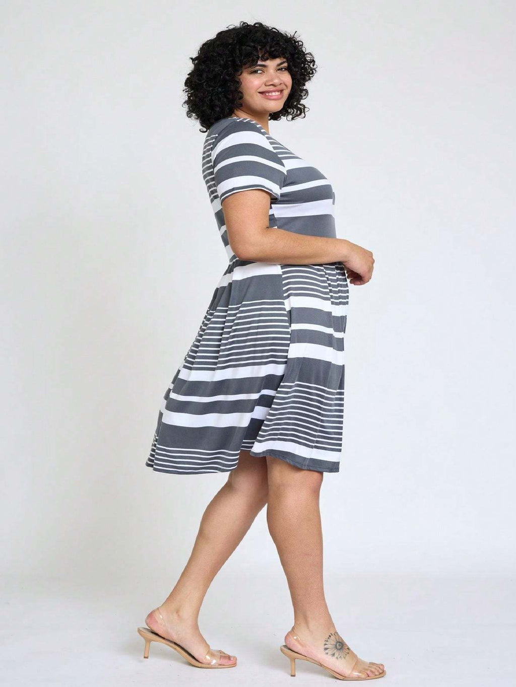Paisley Floral Swing Dress Women Chevron Stripe Patchwork Pleated Square Neck Elastic Waist Midi Casual Plus Size S-3X