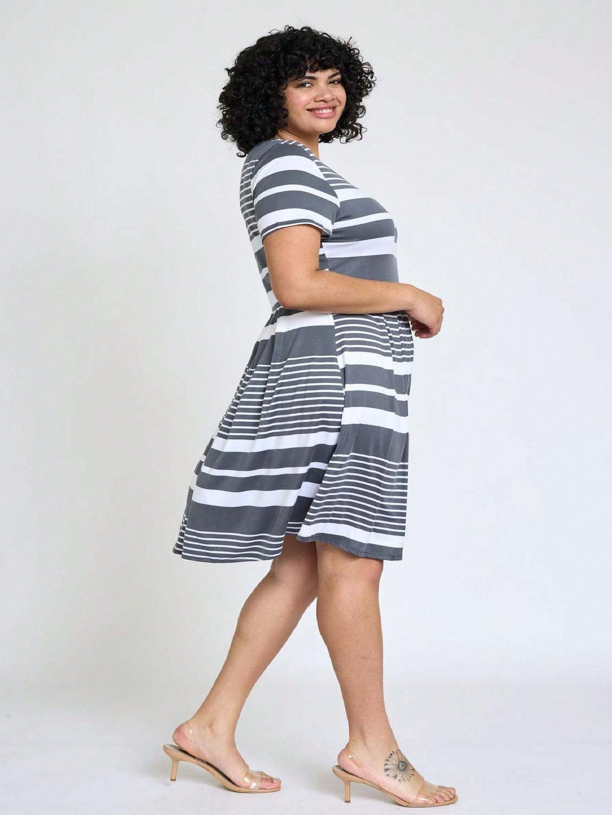 Paisley Floral Swing Dress Women Chevron Stripe Patchwork Pleated Square Neck Elastic Waist Midi Casual Plus Size S-3X