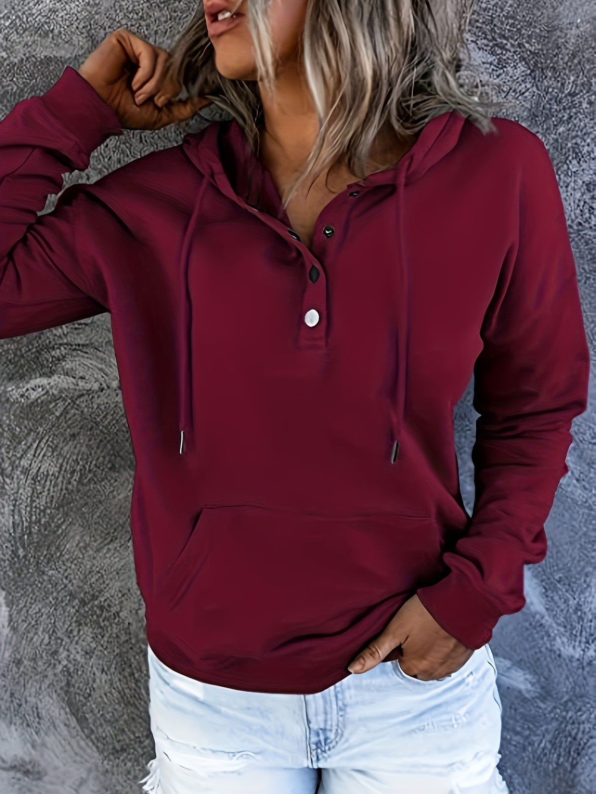 Women Oversized Button Hoodie Sweatshirt Long Sleeve Kangaroo Pocket Ribbed Cuff Casual Pullover Black Grey Burgundy Apricot S-XXL