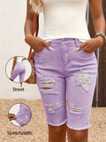 Western Wash Distressed Bermuda Denim Shorts Women Casual Loose Fit Knee Length Fashionable Versatile Jean Shorts Light Purple Light Blue