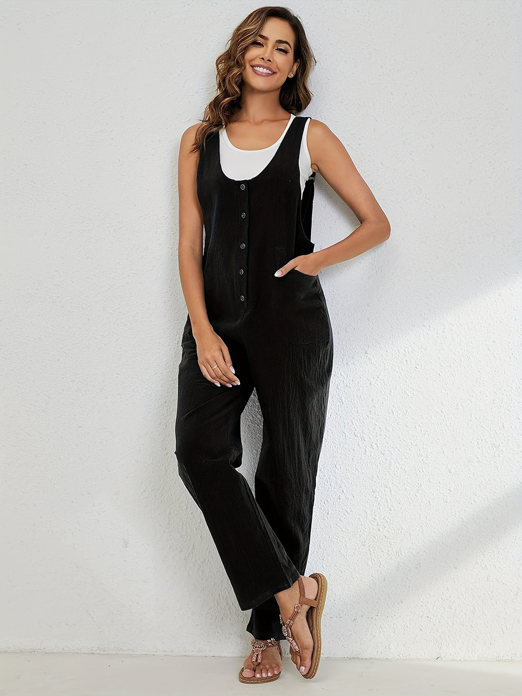 Linen Jumpsuit Women Wide Leg Casual Loose Overalls with Pockets Sleeveless Adjustable Strap Summer Palazzo Pants Romper Beige Black XS-XXL