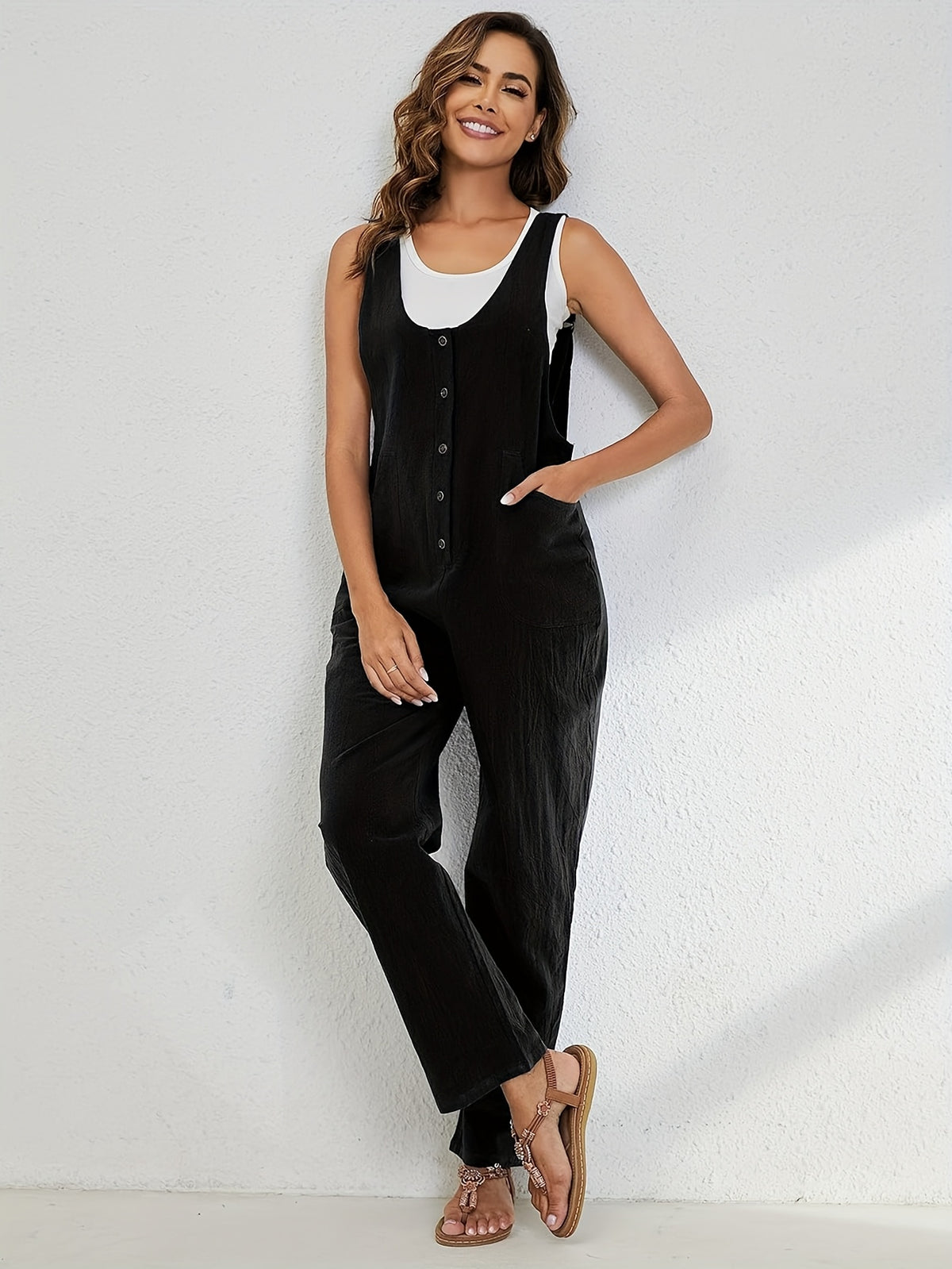 Linen Jumpsuit Women Wide Leg Casual Loose Overalls with Pockets Sleeveless Adjustable Strap Summer Palazzo Pants Romper Beige Black XS-XXL