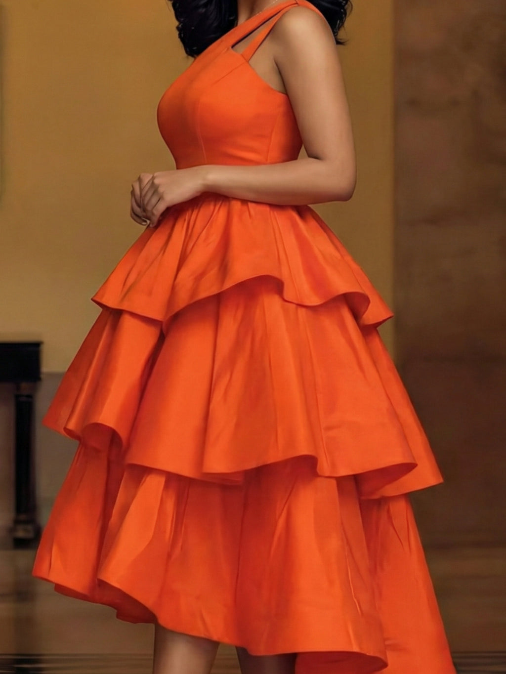 Orange One-Shoulder Cutout Tiered Midi Dress for Women – Eye-Catching Party Gown for Birthday Dinners, Gatherings & Summer Events