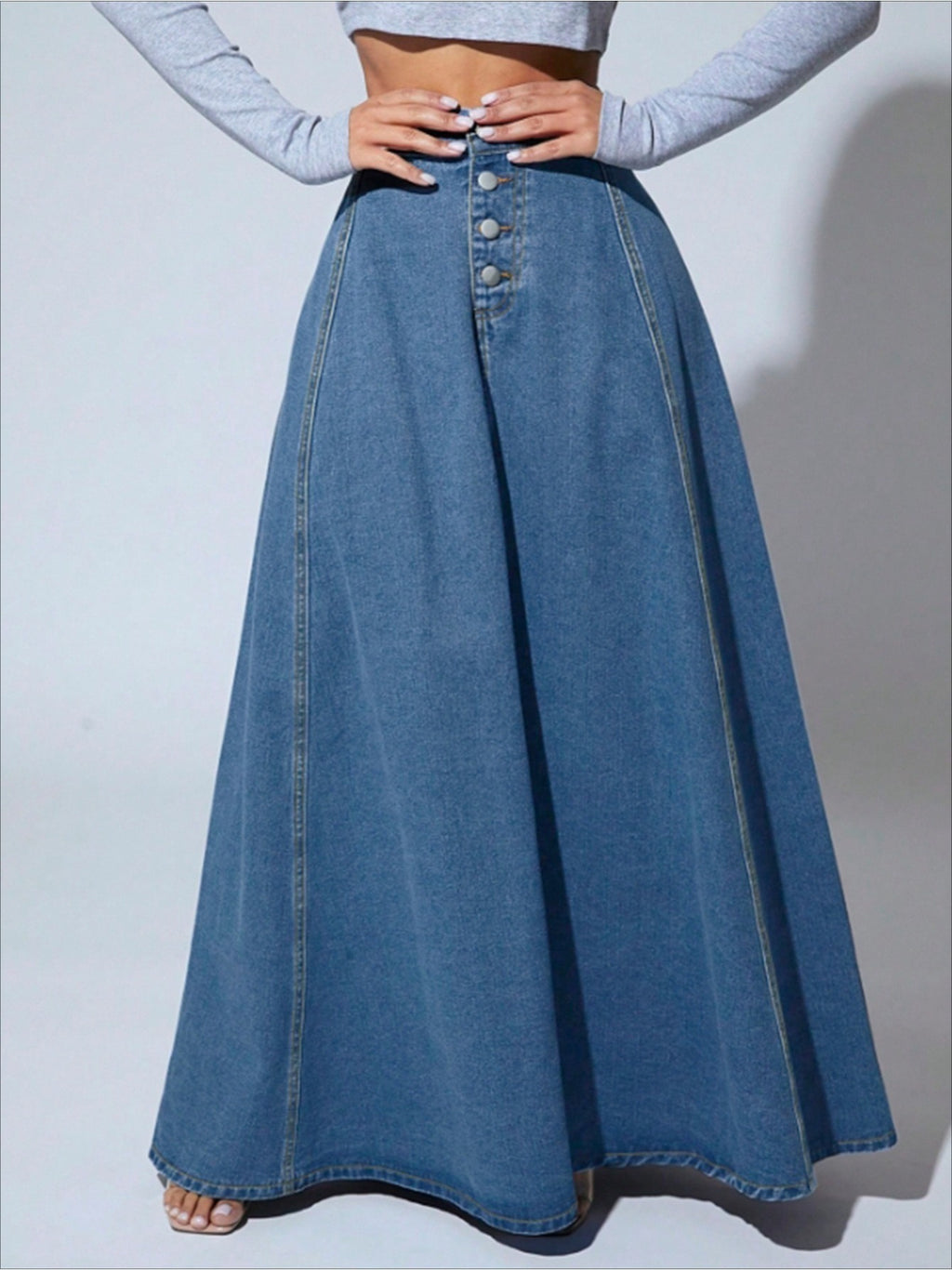 Women Single Breasted Denim Midi Skirt Vintage Flared A-Line Lace Patchwork Flowy Dark Blue XS-XXL Spring Summer Fall