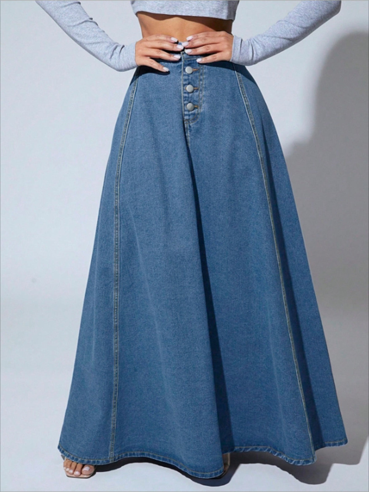 Women Single Breasted Denim Midi Skirt Vintage Flared A-Line Lace Patchwork Flowy Dark Blue XS-XXL Spring Summer Fall
