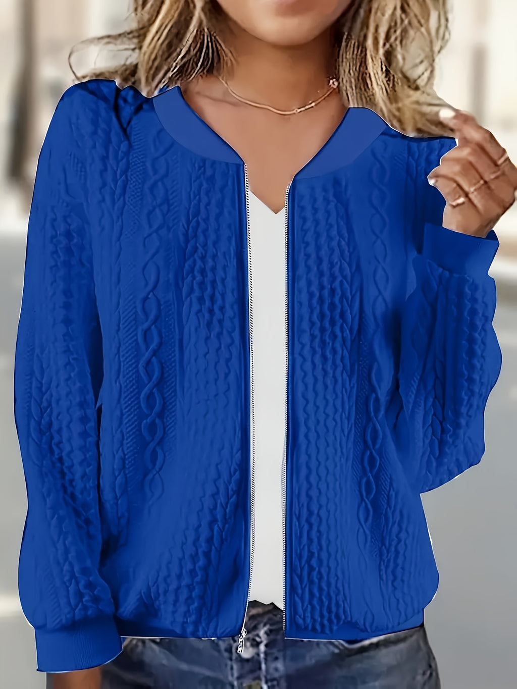 Cable Knit Zip Up Jacket Women Light Blue Long Sleeve Front Pockets Casual Fall Winter Cozy Outerwear Stretch