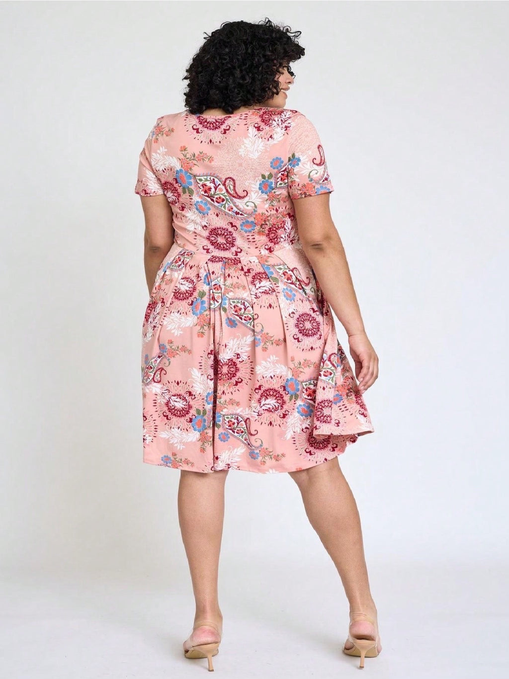 Paisley Floral Swing Dress Women Chevron Stripe Patchwork Pleated Square Neck Elastic Waist Midi Casual Plus Size S-3X