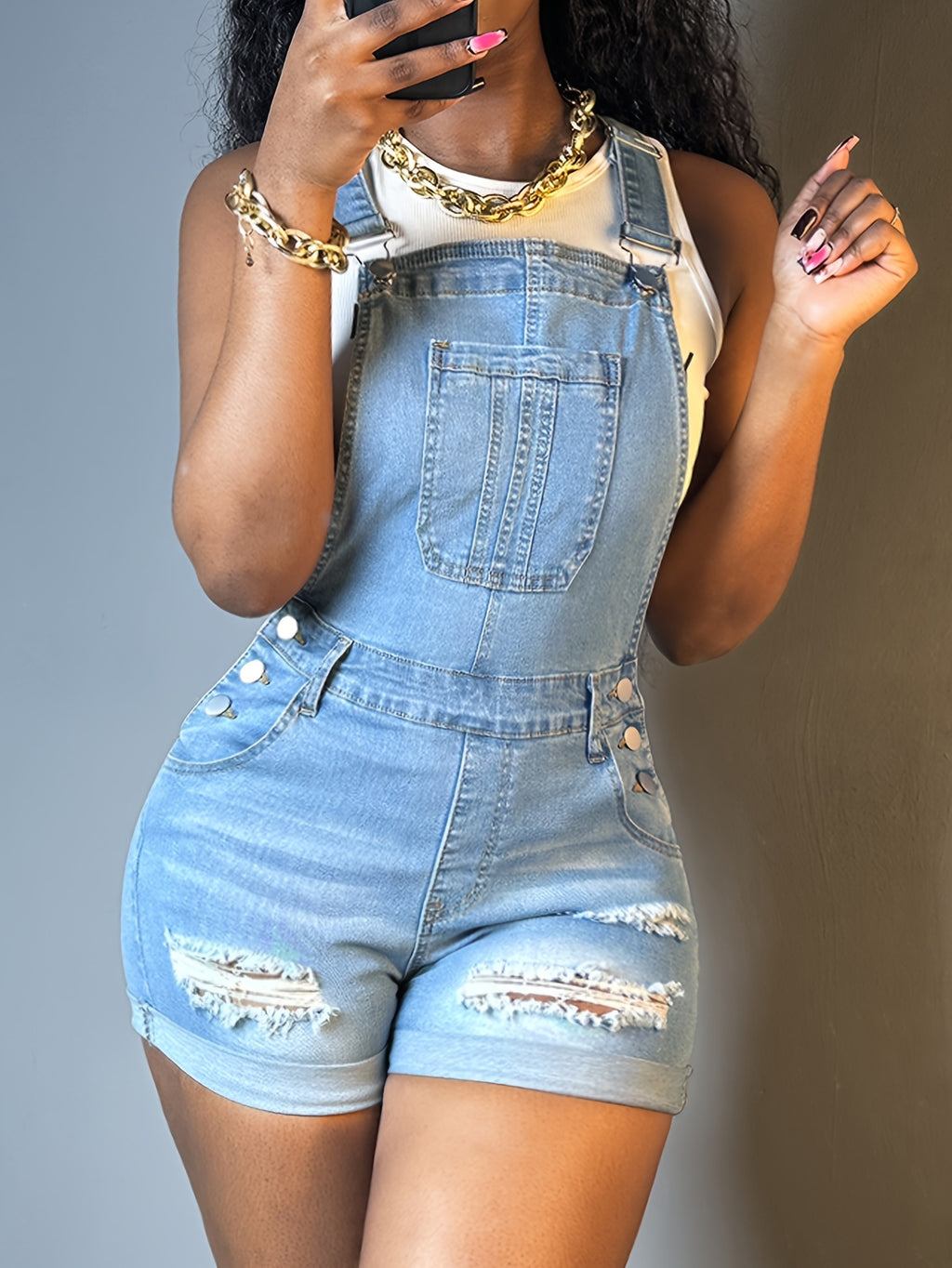 Women's Ripped Denim Romper Sleeveless Overall Slim-Fit Casual Jumpsuit with Pockets S-XXL