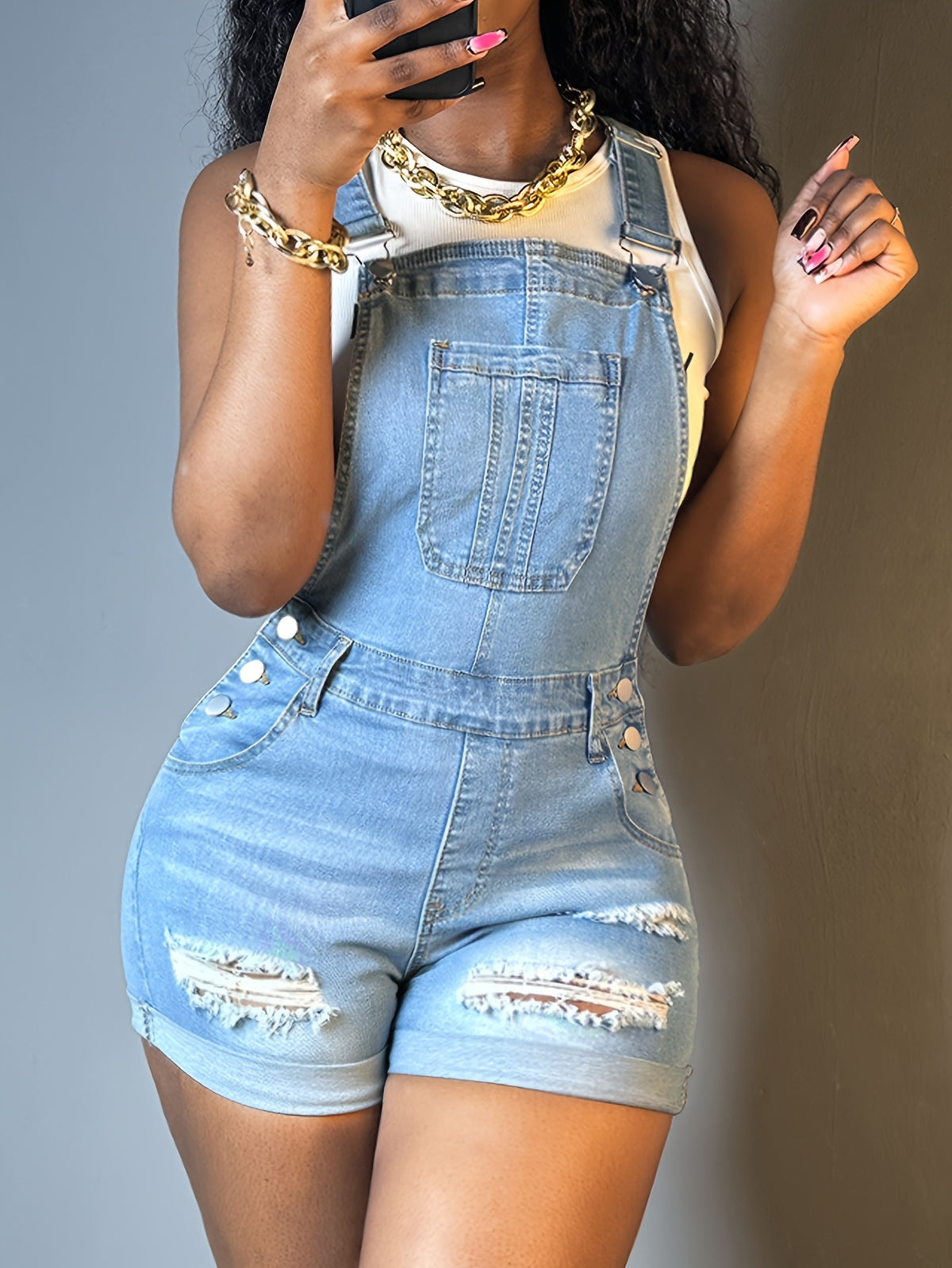 Women's Ripped Denim Romper Sleeveless Overall Slim-Fit Casual Jumpsuit with Pockets S-XXL