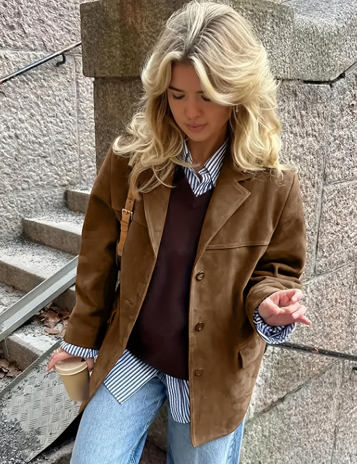 Women Y2K Suit Collar Blazer Jacket Midi Length Long Sleeve Loose Fit Vintage Style Light Brown S-XXL