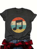 Music Note Graphic Print T-Shirt Women Round Neck Short Sleeve Casual Festival Concert Tee Non-Transparent Machine Wash S-XXL