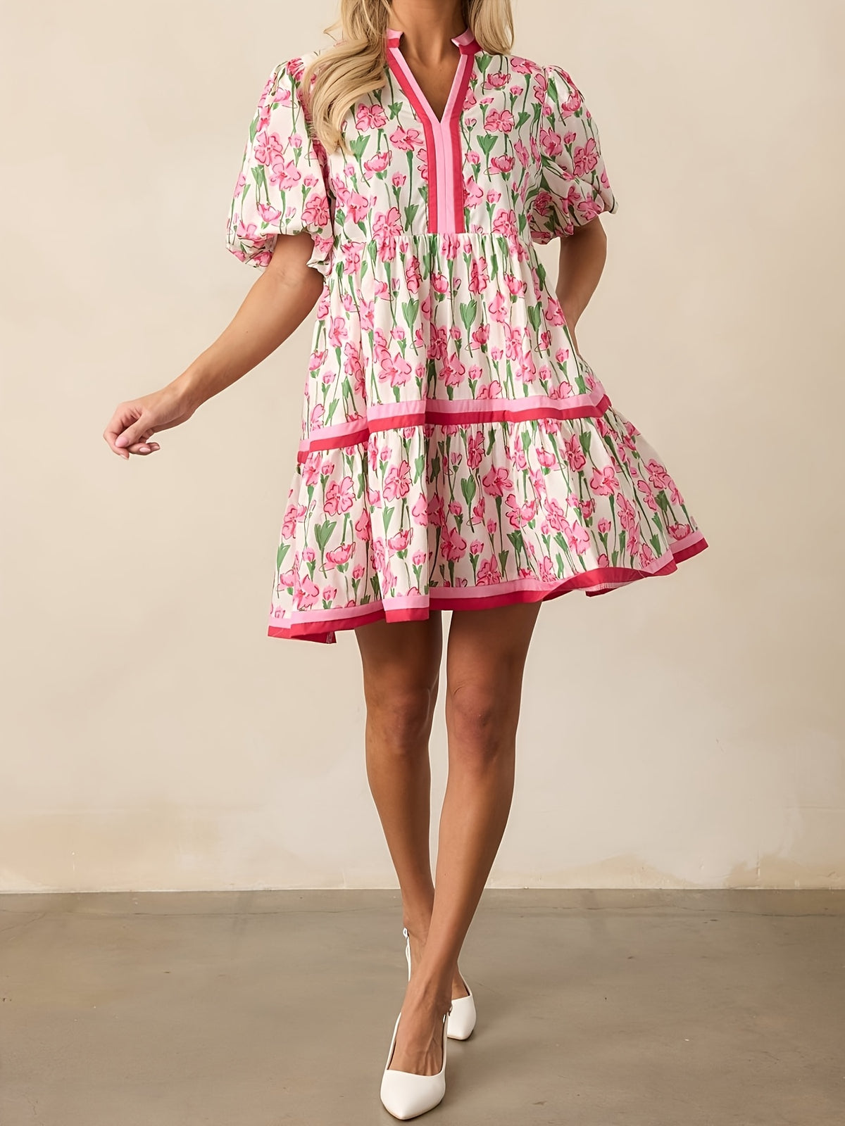 Puff Sleeve Floral Mini Dress Women Boho V-Neck Loose Flared Hem Lightweight Beach Vacation Dress Summer S-XXL