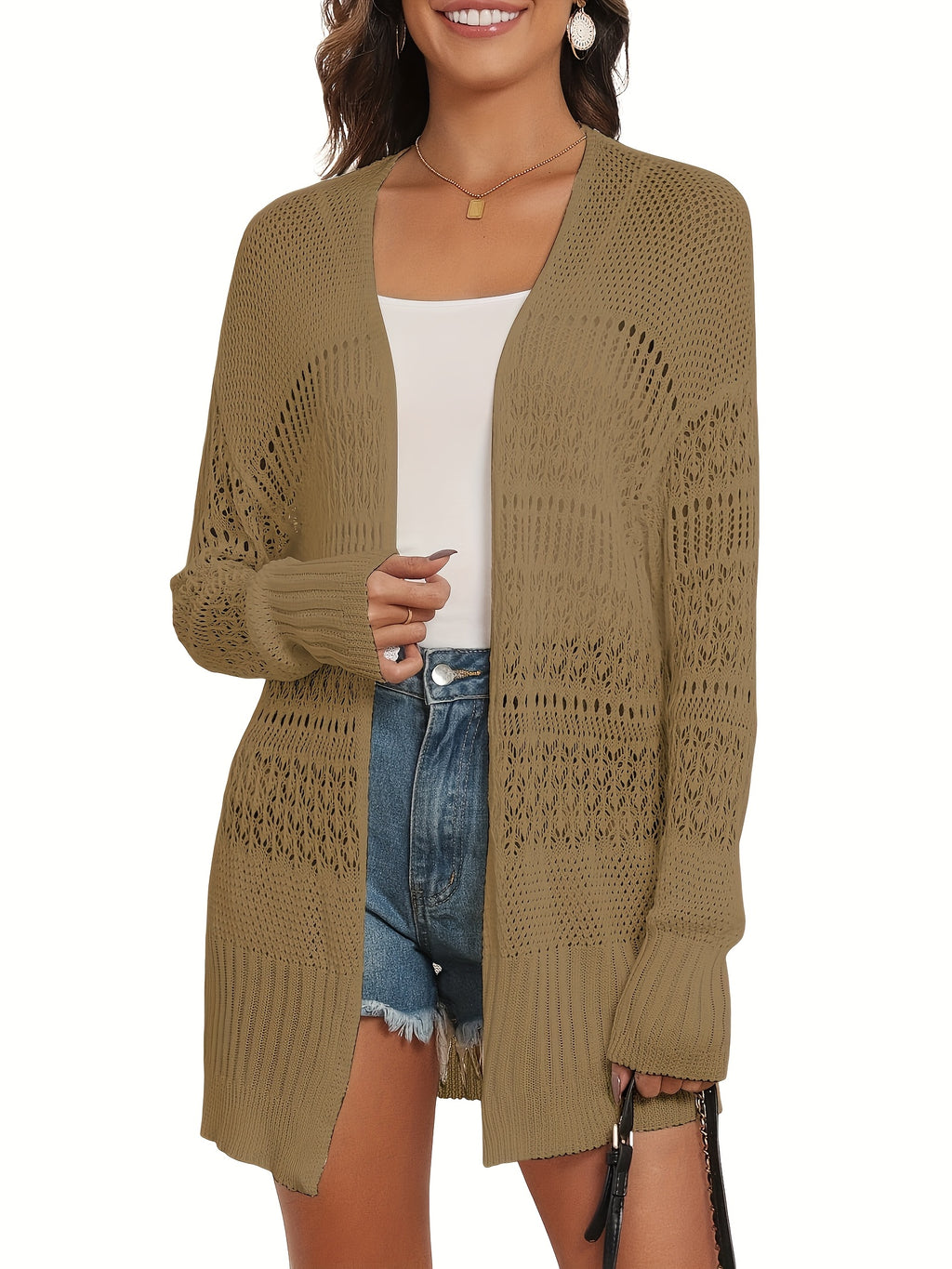 Women's Crochet Cardigan Kimono Long Sleeve Lace Up Front Lightweight Open Front Sweater Layering Top Spring Fall Beach Cover Up