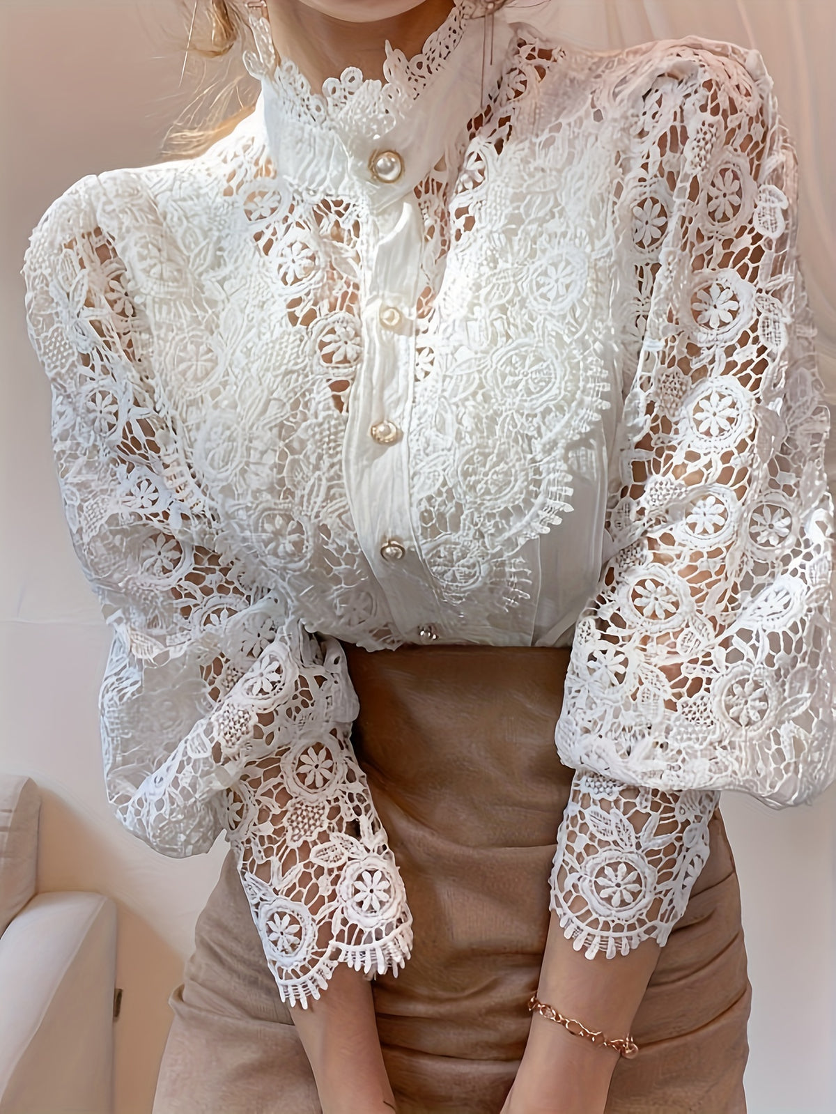 Heavy Lace Stand Collar Blouse for Women – Hollow Flower Long Sleeve Top with Pearl French Buttons, Elegant Solid Color Dressy Shirt