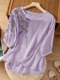 Embroidered Viscose Shirt Women Retro Artistic Loose Fit Top Spring Summer Blouse Light Purple Blue Green Rose Red S-XXL