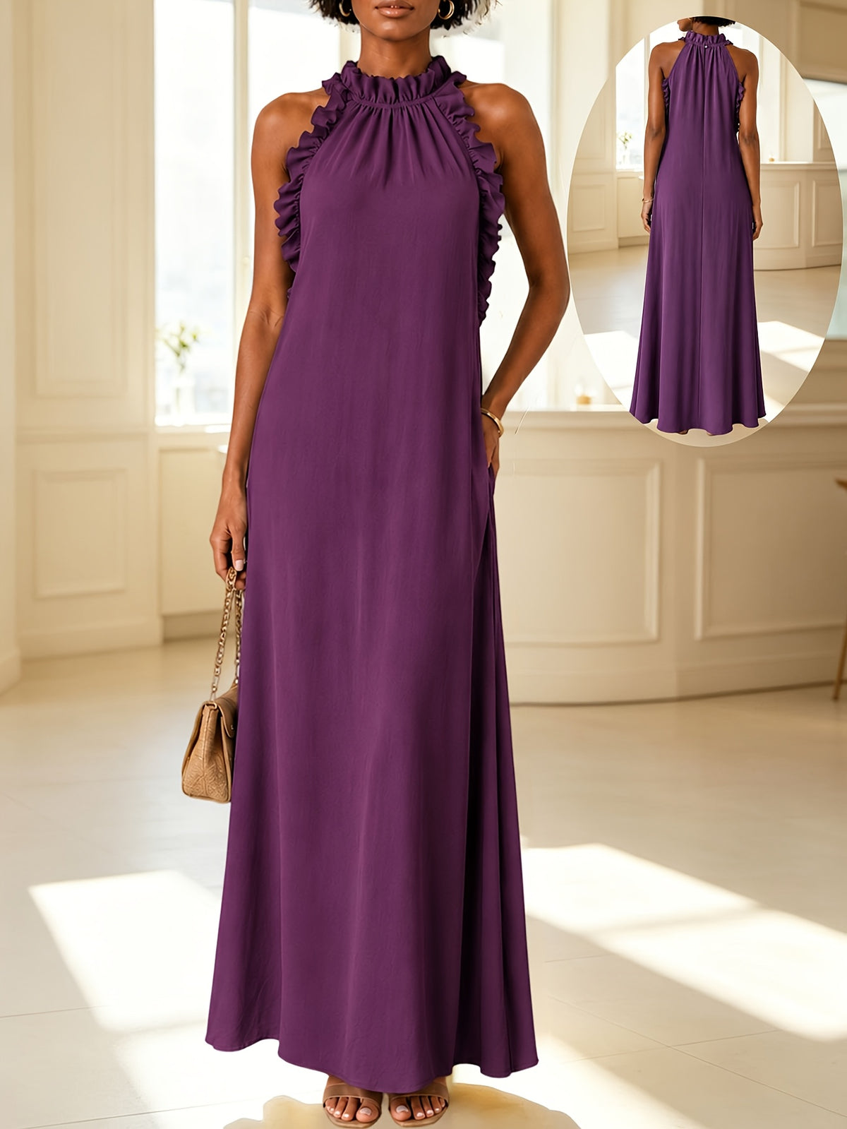 Halter Neck Sleeveless Dress Women Ruffle Leaf Edge Loose Casual Summer Vacation Dress | Mira Roam