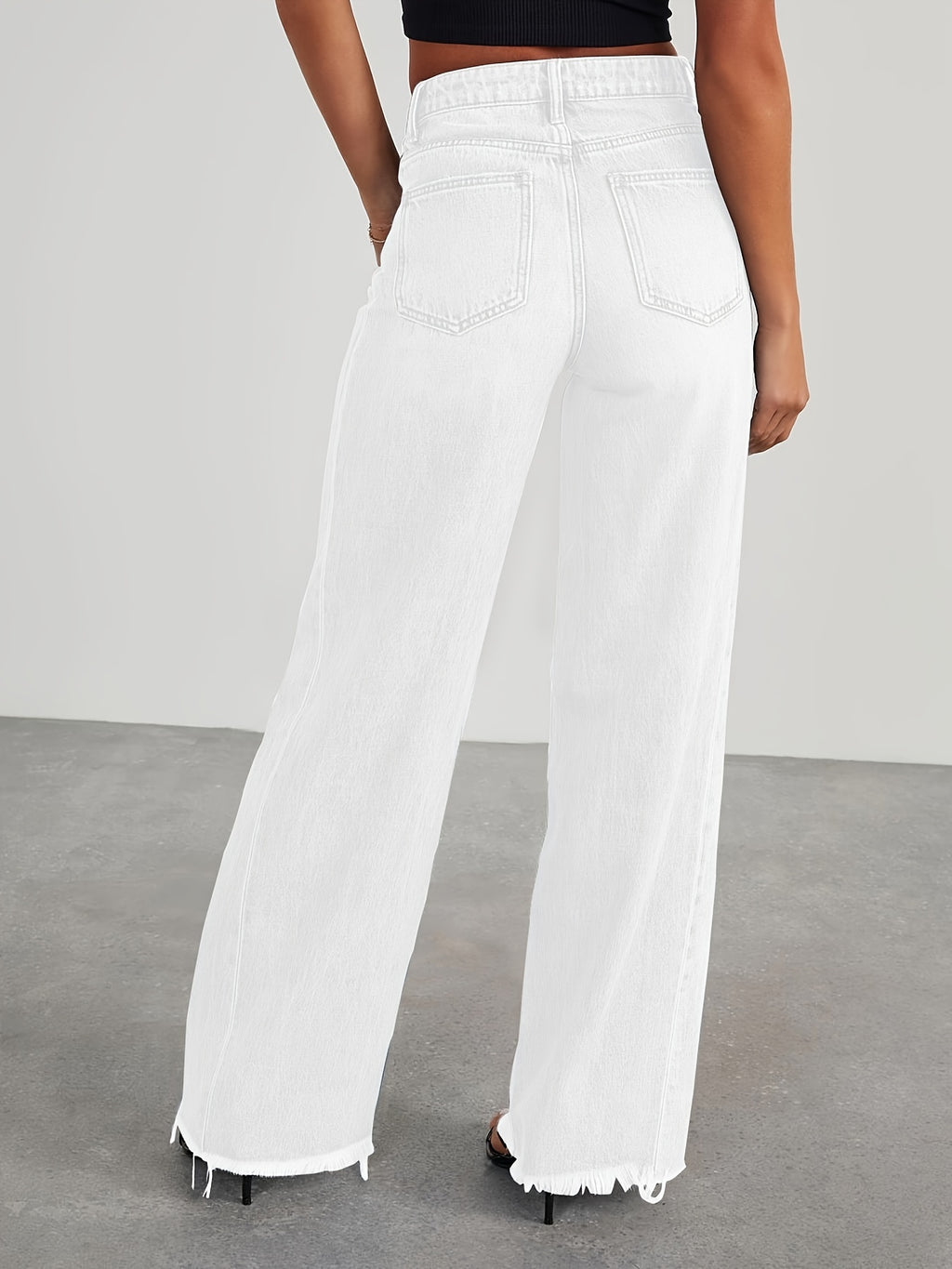 High-Waisted Wide Leg Jeans for Women - Casual Baggy Stretch Denim Pants with Pockets, Relaxed Fit Solid Color Trousers for Everyday & Weekend Wear