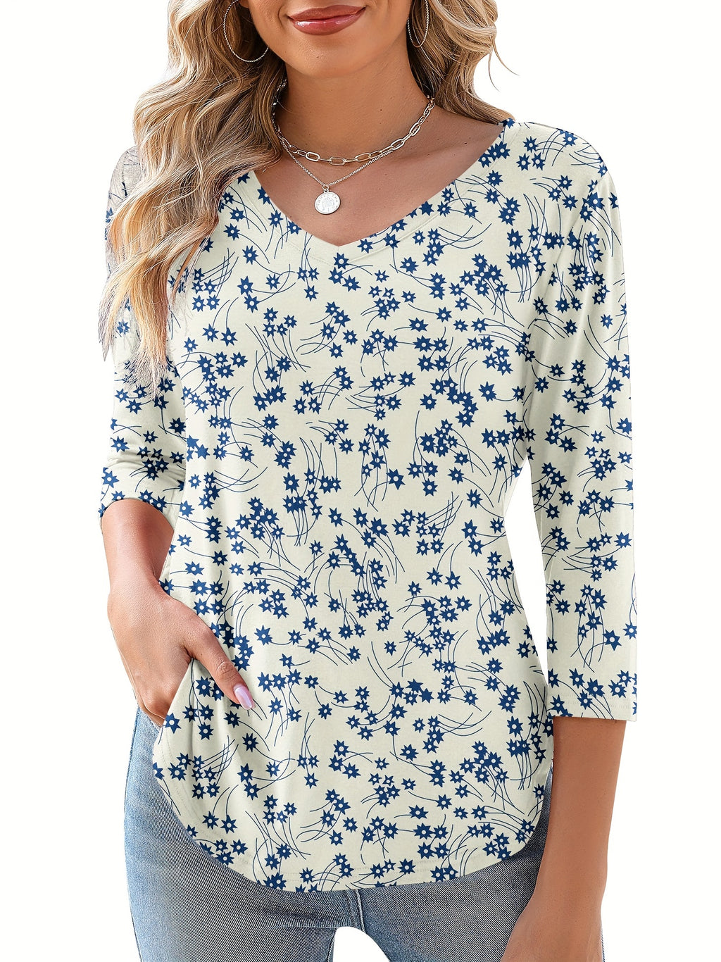 Random Floral Print V-Neck Blouse Women 3/4 Sleeve Versatile Basic Top Casual Elegant Spring Summer Fall S-XXL