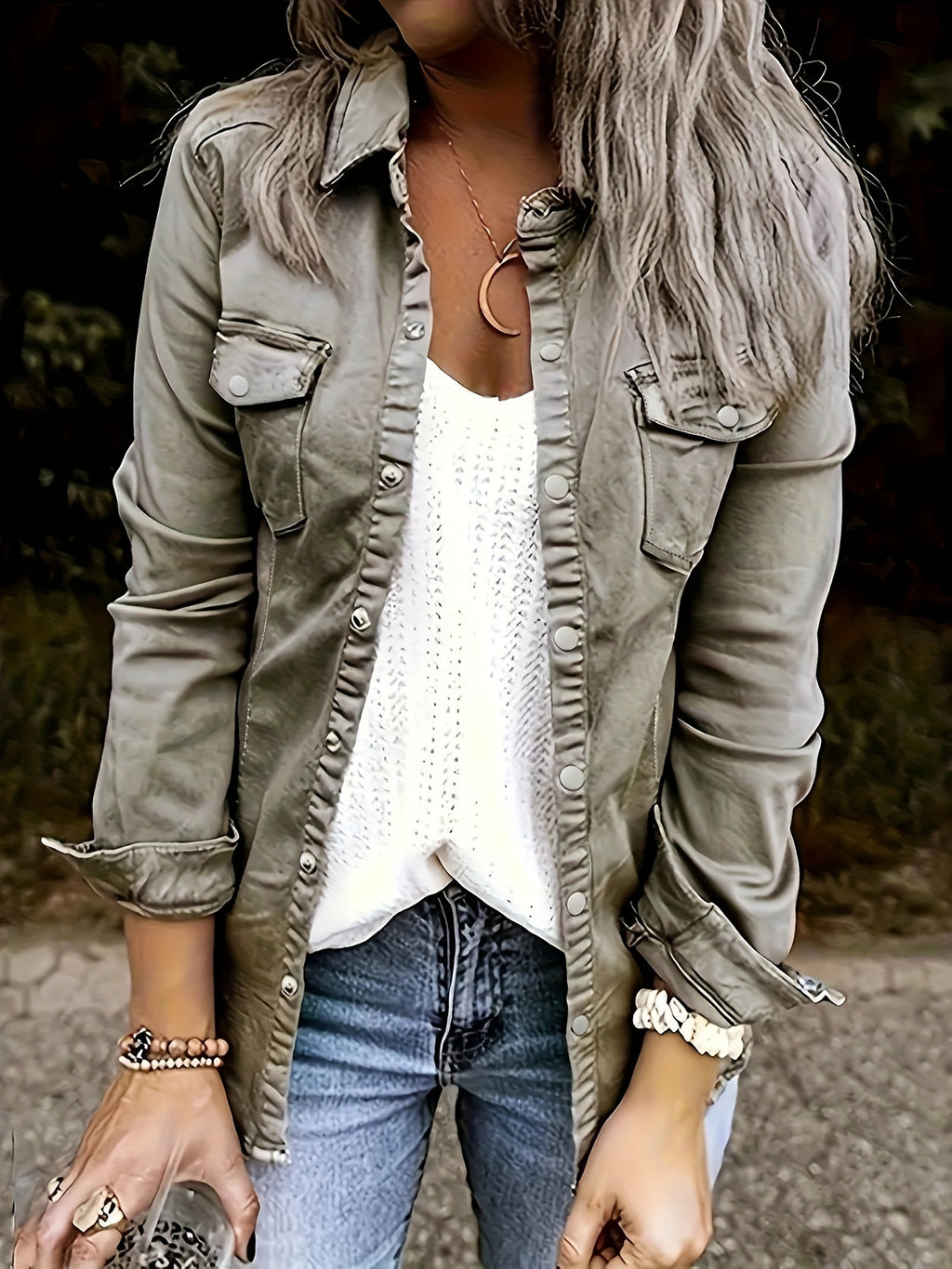 Denim Shirt Women Long Sleeve Button-Up Retro Vintage Style Flap Pocket Solid Color Casual Overshirt Spring Fall Top