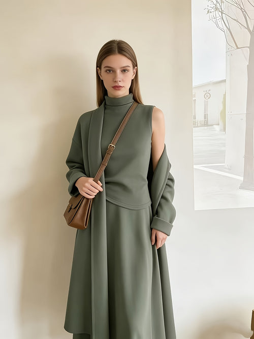 3 Piece Set Women Morandi Green High Collar Sleeveless Top A-Line Midi Skirt Long Cardigan Casual All Season Outfit S-XXL