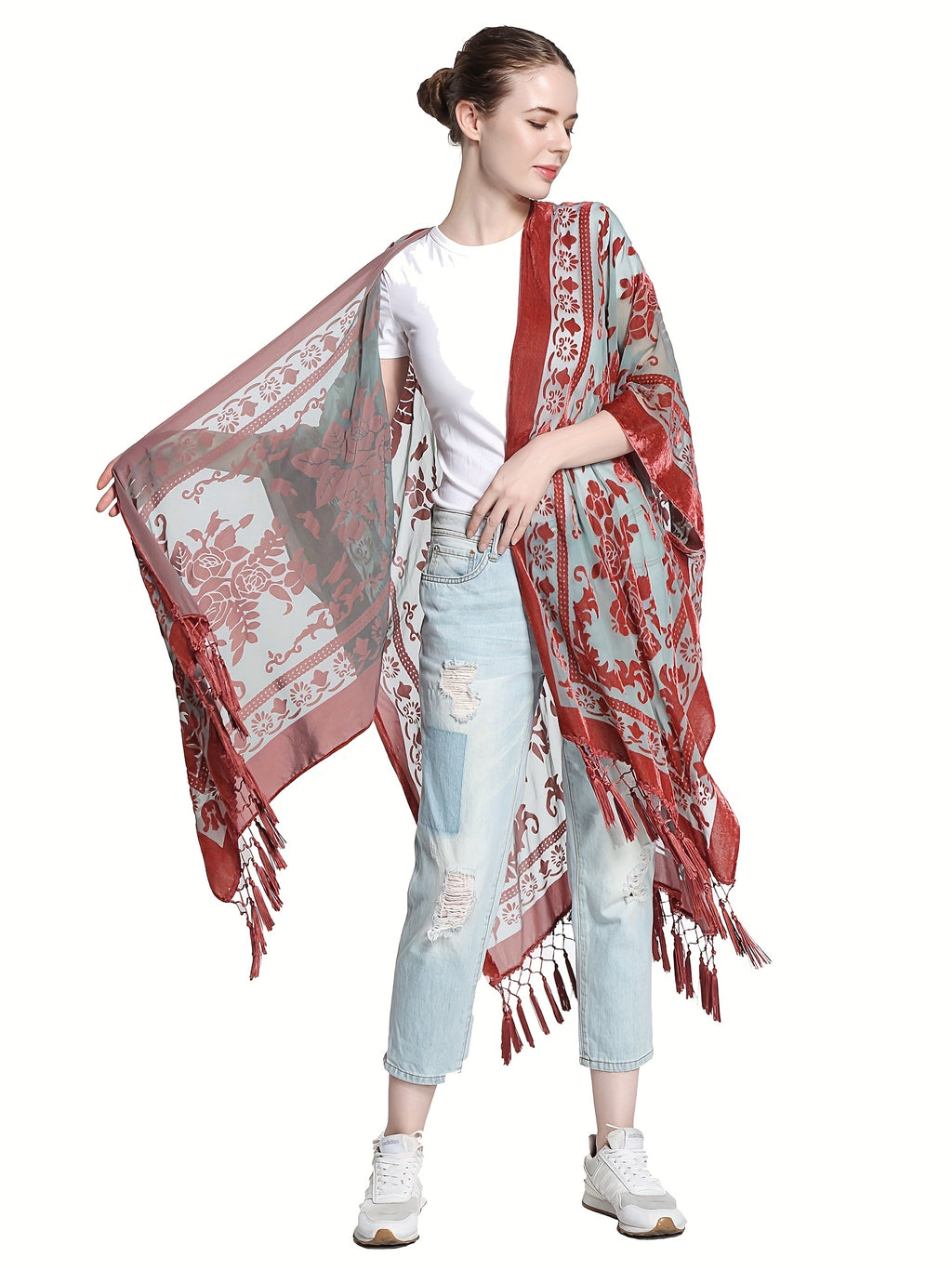 Boho Burnout Velvet Kimono Women Long Cardigan Cover Up Tassel Floral Embroidered One Size