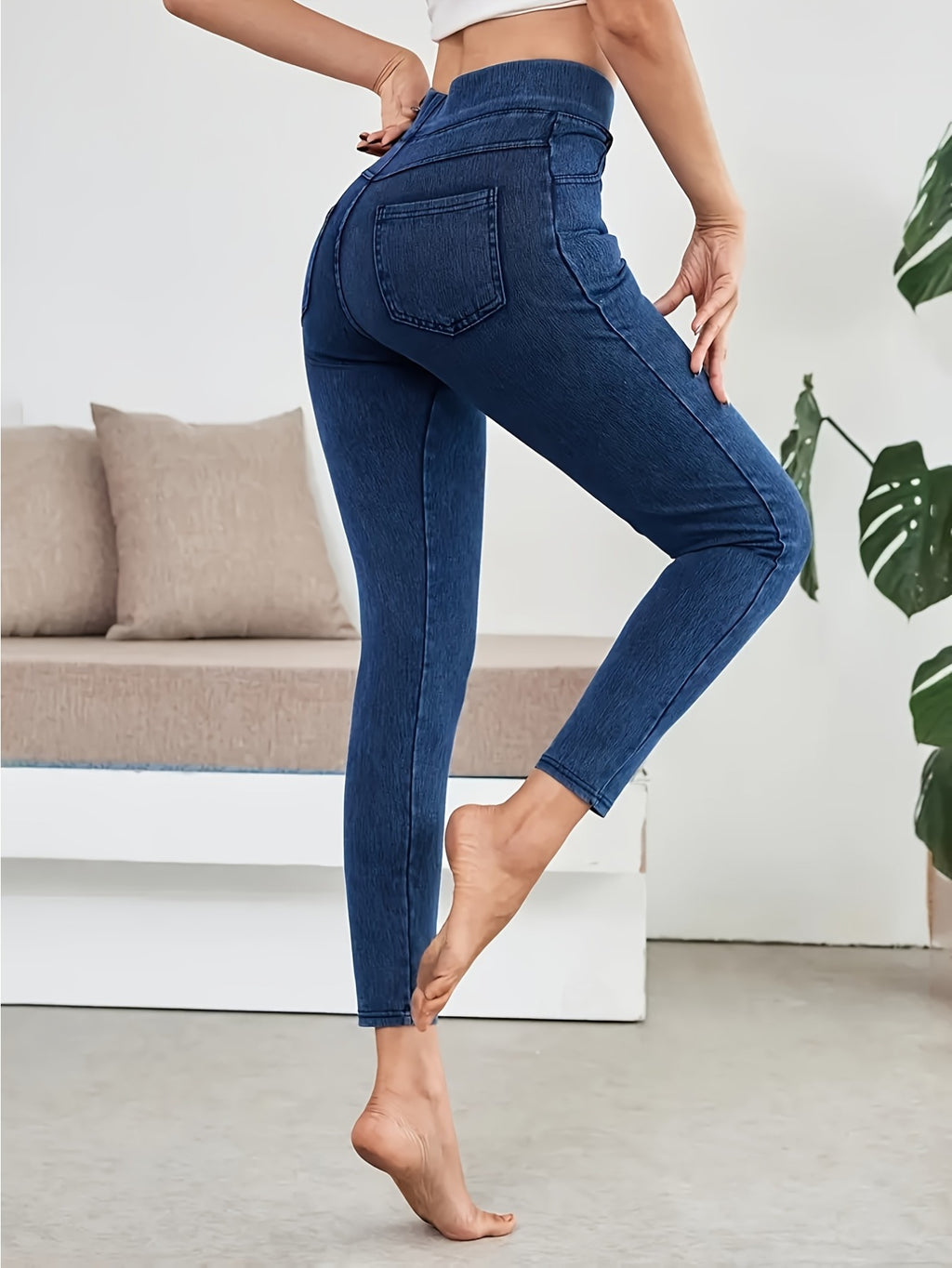 Women's High-Waisted Slim Elastic Pencil Jeans Yoga Pants Navy Black Light Blue All Season