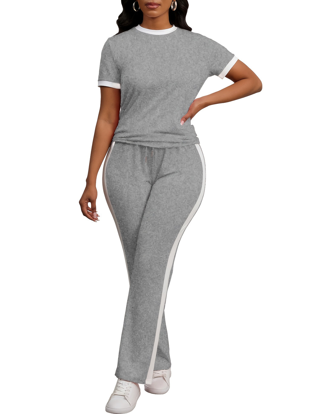 Women Colorblock 2 Piece Tracksuit Set Short Sleeve Crew Neck Top Striped Sweatpants Casual Lounge Jogger Matching Outfit for Workout Everyday Wear