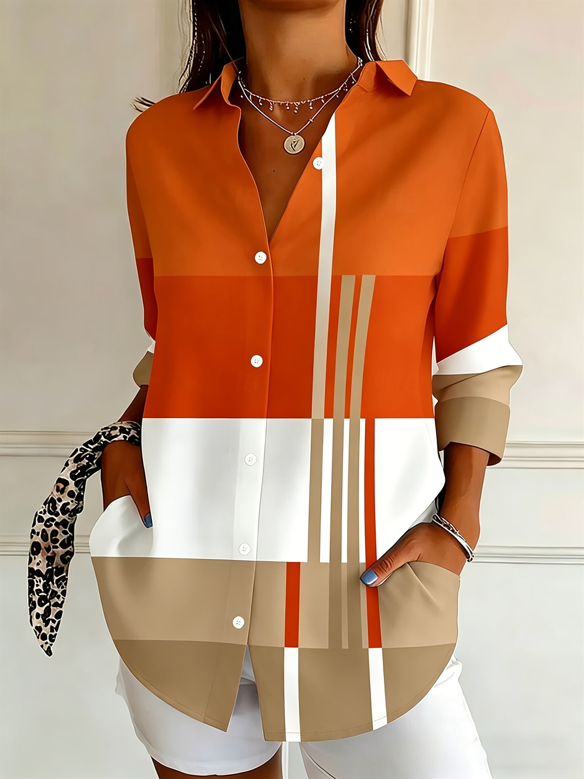 Color Block Button Blouse Long Sleeve Office Work Shirt Women Lightweight Striped Elegant Top