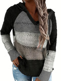 Color Block Striped Hoodie Sweatshirt Women Long Sleeve Pullover V-Neck Casual Top Daily Outdoor Wear S-XXL