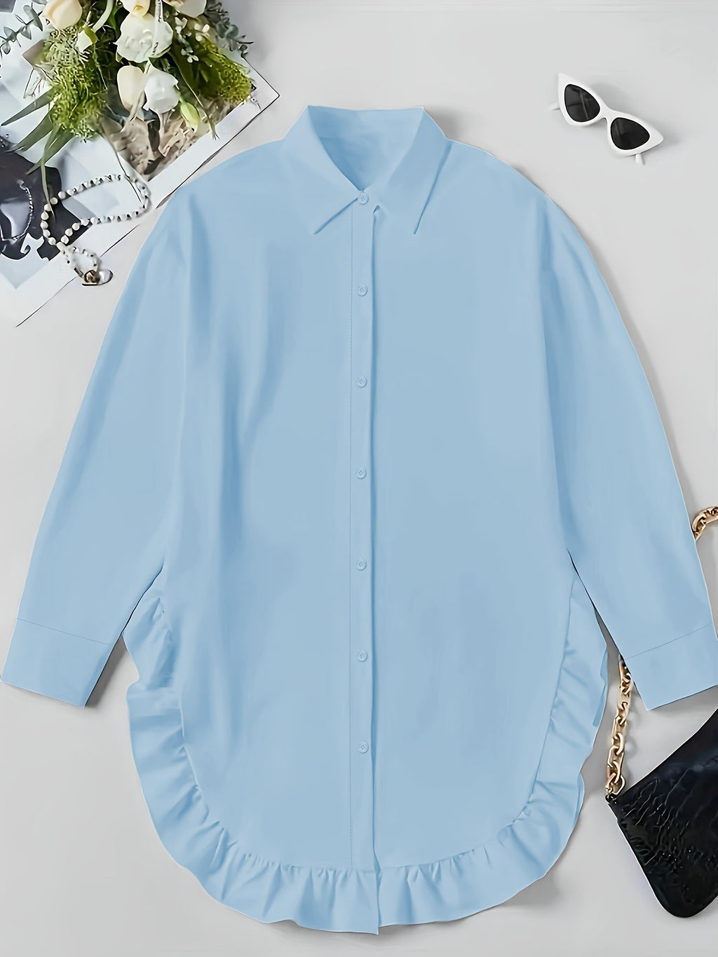 Ruffle Shirt Women Loose Oversized Frill Detail Casual Elegant Blouse Spring Summer Office Top S M L XL XXL
