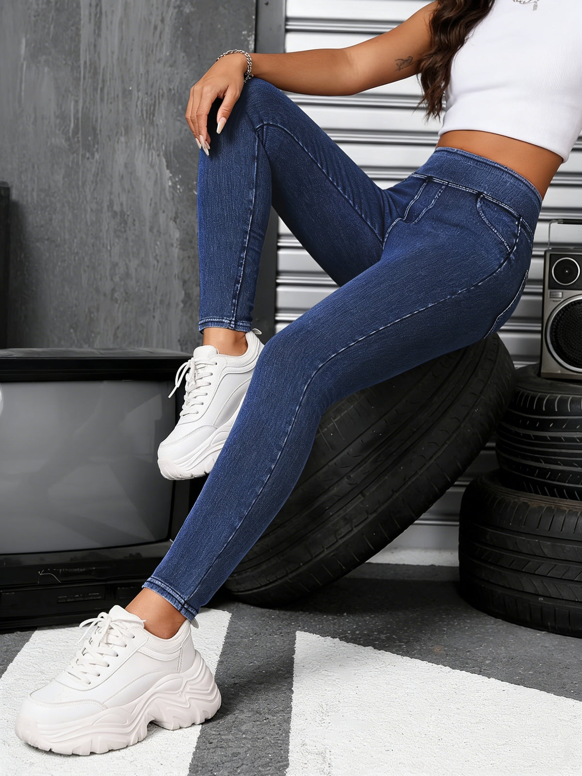 High Waist Tummy Control Jeggings Women Pull On Stretch Skinny Jean Leggings Denim Pants Black Navy Sky Blue S-XL