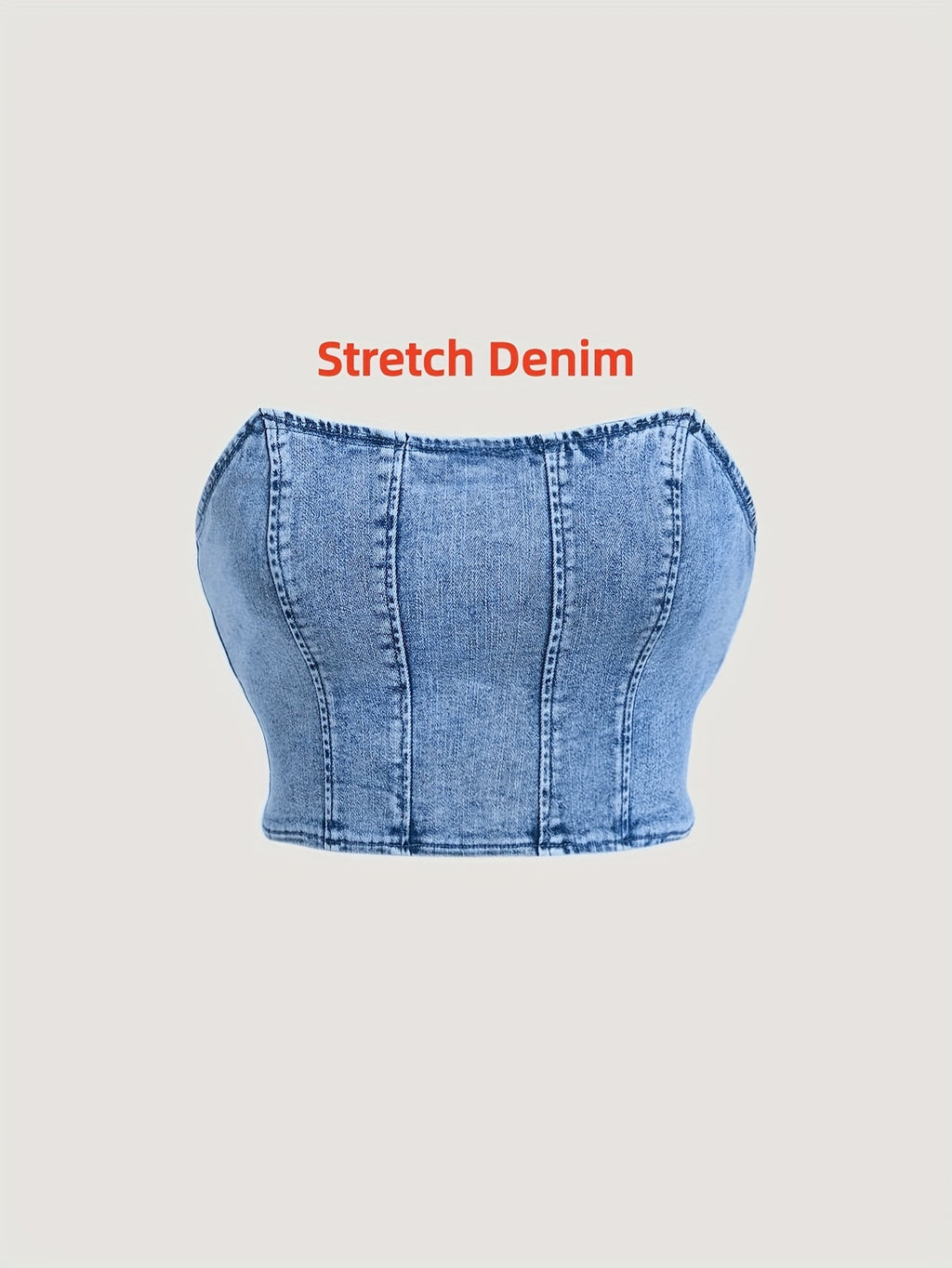 Denim Bandeau Tube Top Women Off Shoulder Back Zipper Stretch Light Blue Slim Fit Casual Dressy Blouse XS-XL