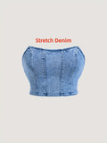 Denim Bandeau Tube Top Women Off Shoulder Back Zipper Stretch Light Blue Slim Fit Casual Dressy Blouse XS-XL