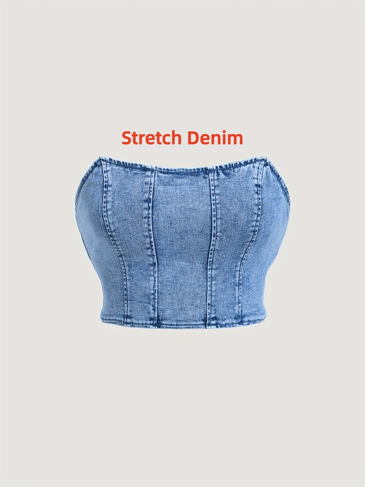 Denim Bandeau Tube Top Women Off Shoulder Back Zipper Stretch Light Blue Slim Fit Casual Dressy Blouse XS-XL