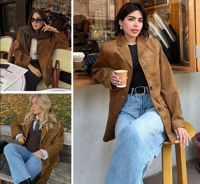 Women Y2K Suit Collar Blazer Jacket Midi Length Long Sleeve Loose Fit Vintage Style Light Brown S-XXL