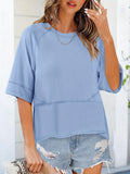 Drop Shoulder Loose T-Shirt Women Solid Crew Neck Half Sleeve Relaxed Basic Knit Top Blue L-XXL