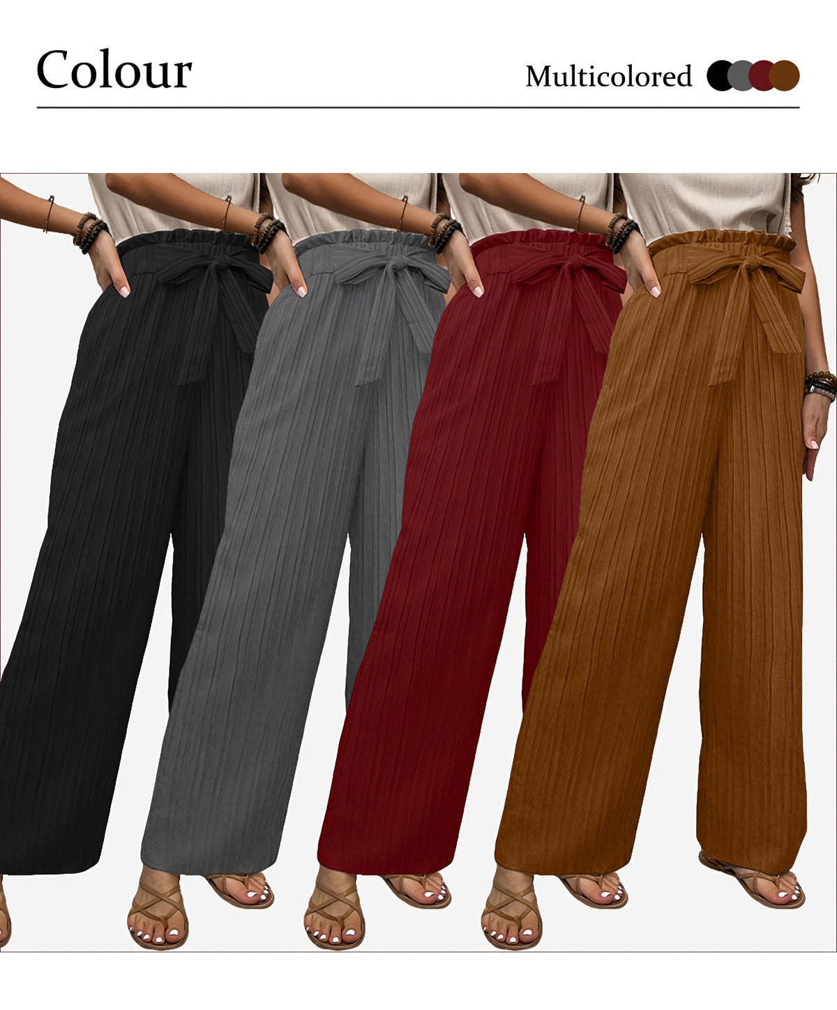 Pleated Wide Leg Pants Women 3 Pack Bow Elastic Waist Loose Straight Leg Long Trousers Spring Summer Daily Commute Casual Versatile S-XXL