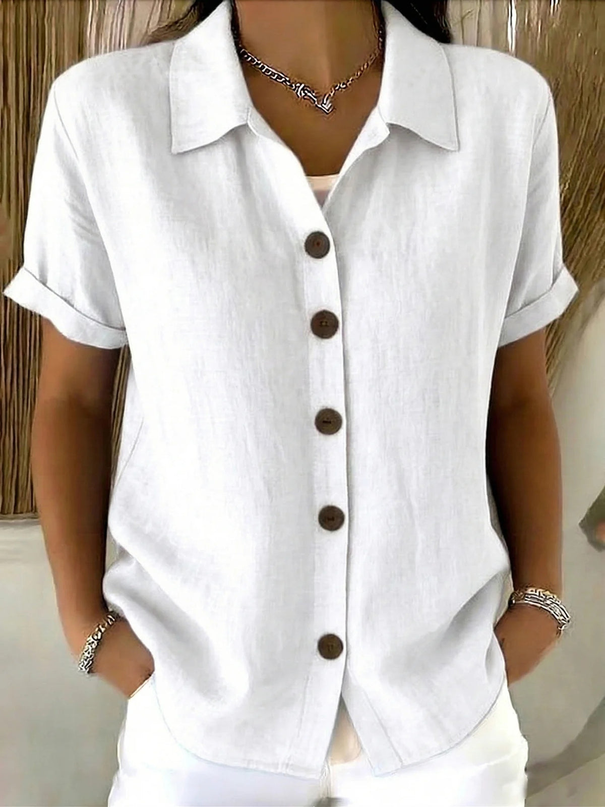 Button-Up Shirt Women Short Sleeve V-Neck Collar Blouse Business Casual Elegant Office Work Top S-XXL