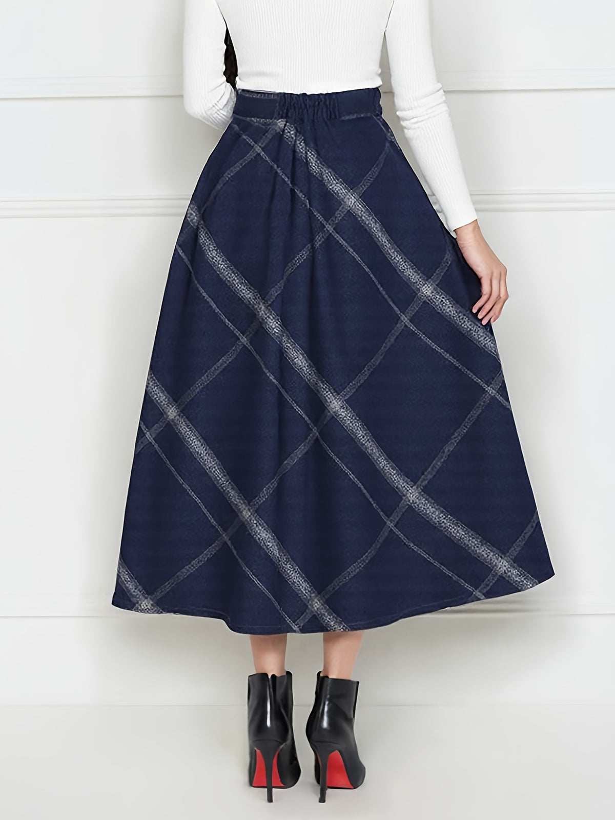 Wool Plaid Maxi Skirt Women A-Line Pleated Elastic Waist Fall Winter Long Skirt Grey M-XXL